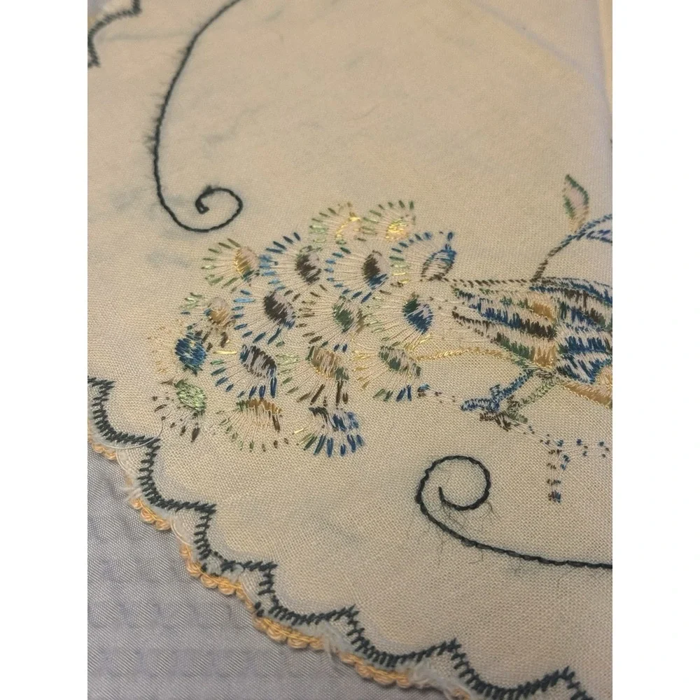 Vintage 12 in Linen Doily Blue Green Embroidered Peacock Handmade 1930-1950